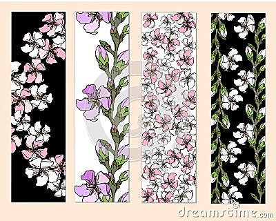 A set of floral bookmarks, flyers with pink and white flowers, Vector Illustration